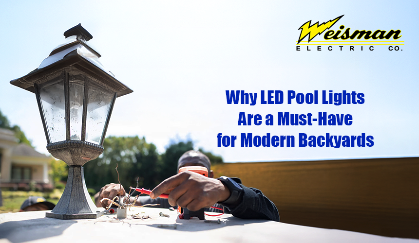 LED pool lights glowing in a modern backyard swimming pool setup