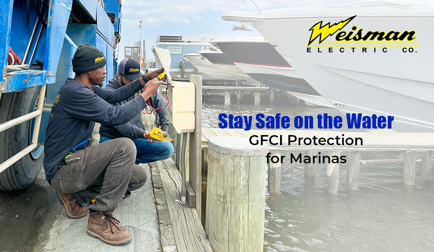 Electrician installing GFCI outlet at a marina dock for boat safety