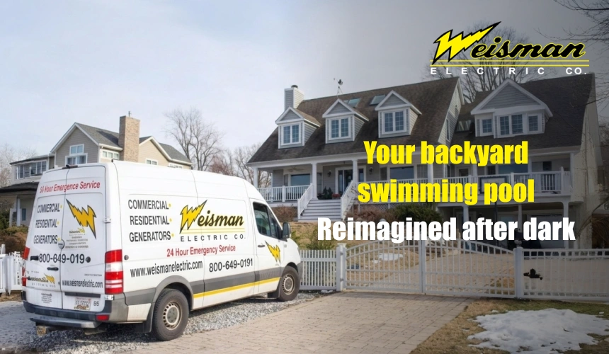 Backyard swimming pool with LED lighting at night