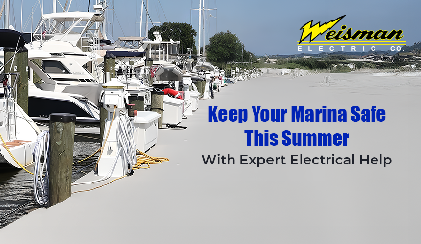 Marina dock with boats and LED lighting during summer sunset