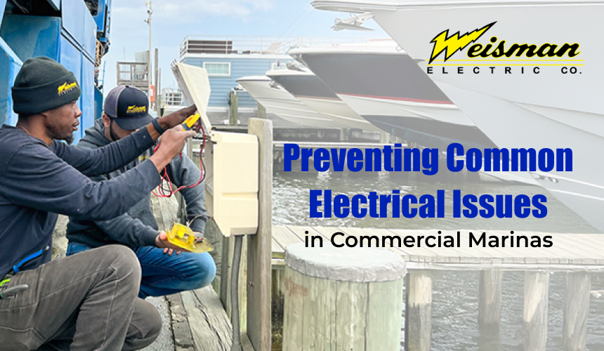 Electrician inspecting pier wiring at a commercial marina