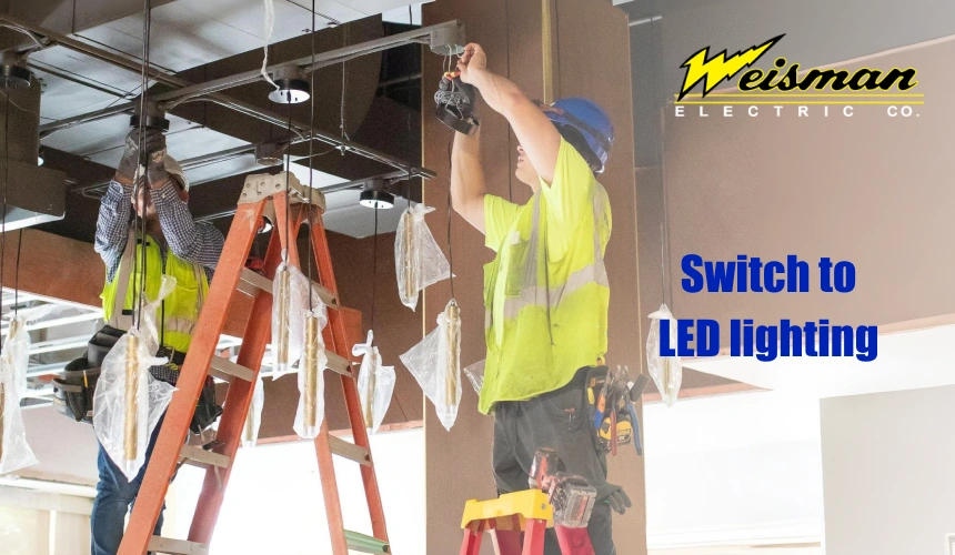 Commercial lighting electrician installing LED fixtures