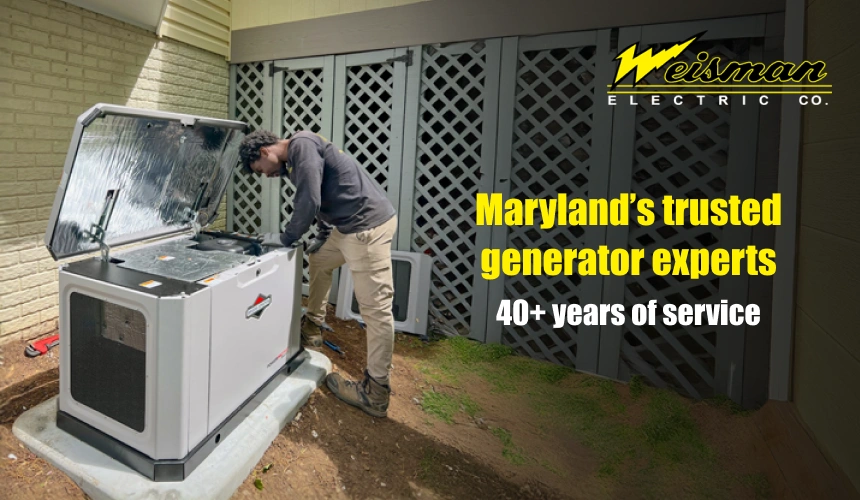 Electrician servicing a residential generator in Maryland