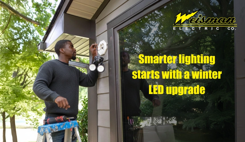 Commercial building with upgraded LED lighting in winter