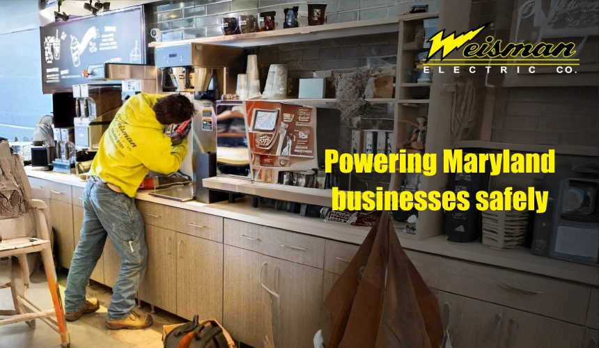 commercial electrician working on the electrical system in an office building